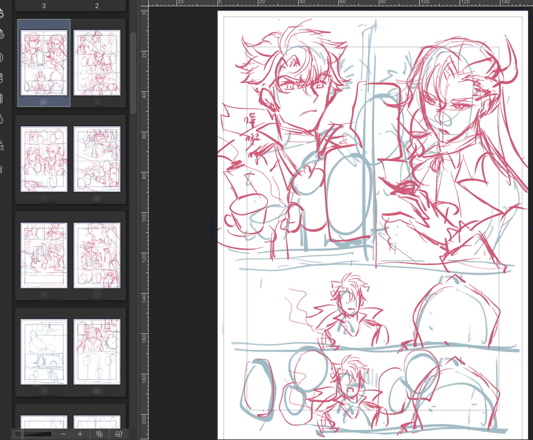 this image is a digital sketch of a comic book page. it shows an anime character in the first panel, with another character in the second panel, and the third panel depicts two more characters. the drawing is in rough stages and has basic line work with some details. it appears to be a rough draft, but there are elements that suggest a level of detail and complexity. the drawing is done in shades of gray with a pale red outline. the drawing is against a gridded background to indicate proportions and panel sizing for the comic.