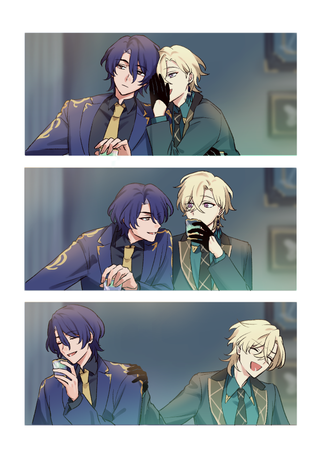 the image shows three different scenes of two men in suits, one with blond hair and one with purple hair. in the first scene, the man with blond hair is whispering something in the man with purple hair's ear while they both smile. in the second scene, the man with blond hair is drinking from a glass while the man with purple hair looks at him with a smile. in the third scene, the man with blond hair is laughing while the man with purple hair looks at him with a slight smile and holds a glass in his hand. the image is drawn in a soft anime style.