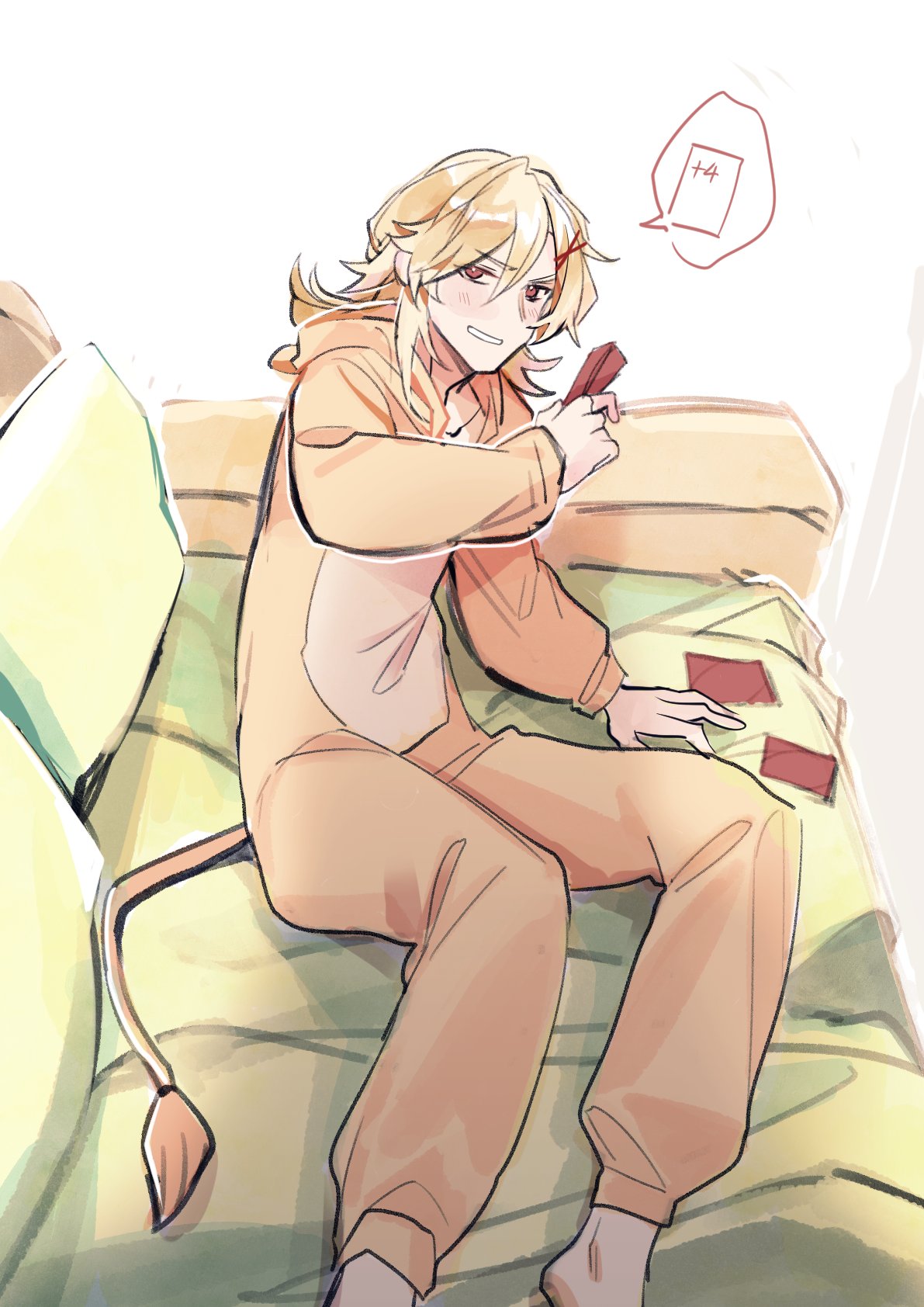 a blonde haired, anime boy is sitting on a couch, wearing a tan colored lion onesie. the boy is holding a card in one hand and has a bored expression on his face. above his head, a thought bubble contains a card with a plus four symbol. the boy appears to be tired or bored.