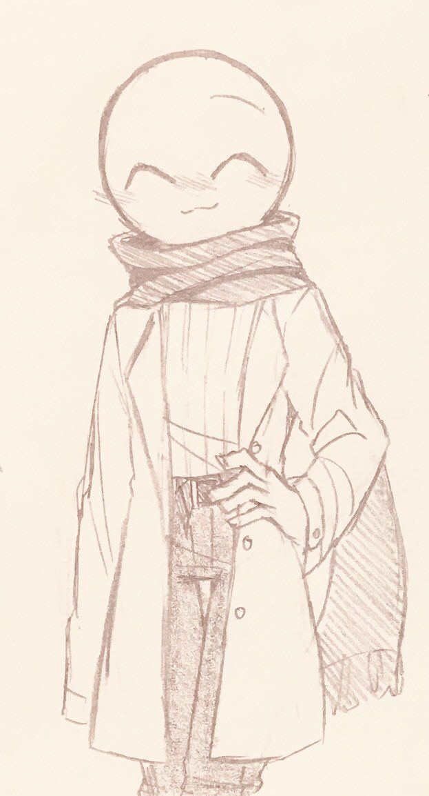 a pencil drawing of a cute girl wearing a coat, scarf, and sweater, smiling happily. the drawing is simple and whimsical, with a touch of anime style.