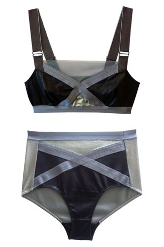 a black and grey lingerie set, consisting of a bra and highwaisted panties, is displayed on a white background. both the bra and panties feature crossed grey straps. the bra has thick, adjustable straps. the panties are highwaisted with grey side panels.