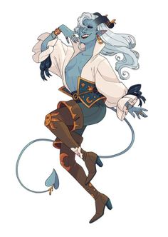 a blueskinned tiefling woman with long white hair styled in an elaborate braid stands on one leg, posed midflourish. she wears an unbuttoned white poet shirt with billowing sleeves, a dark vest with gold accents, brown leather breeches, and tall brown leather boots. she has a mischievous glint in her eye and a confident smirk on her face. a long, thin tail tipped with a spade extends from her lower back.