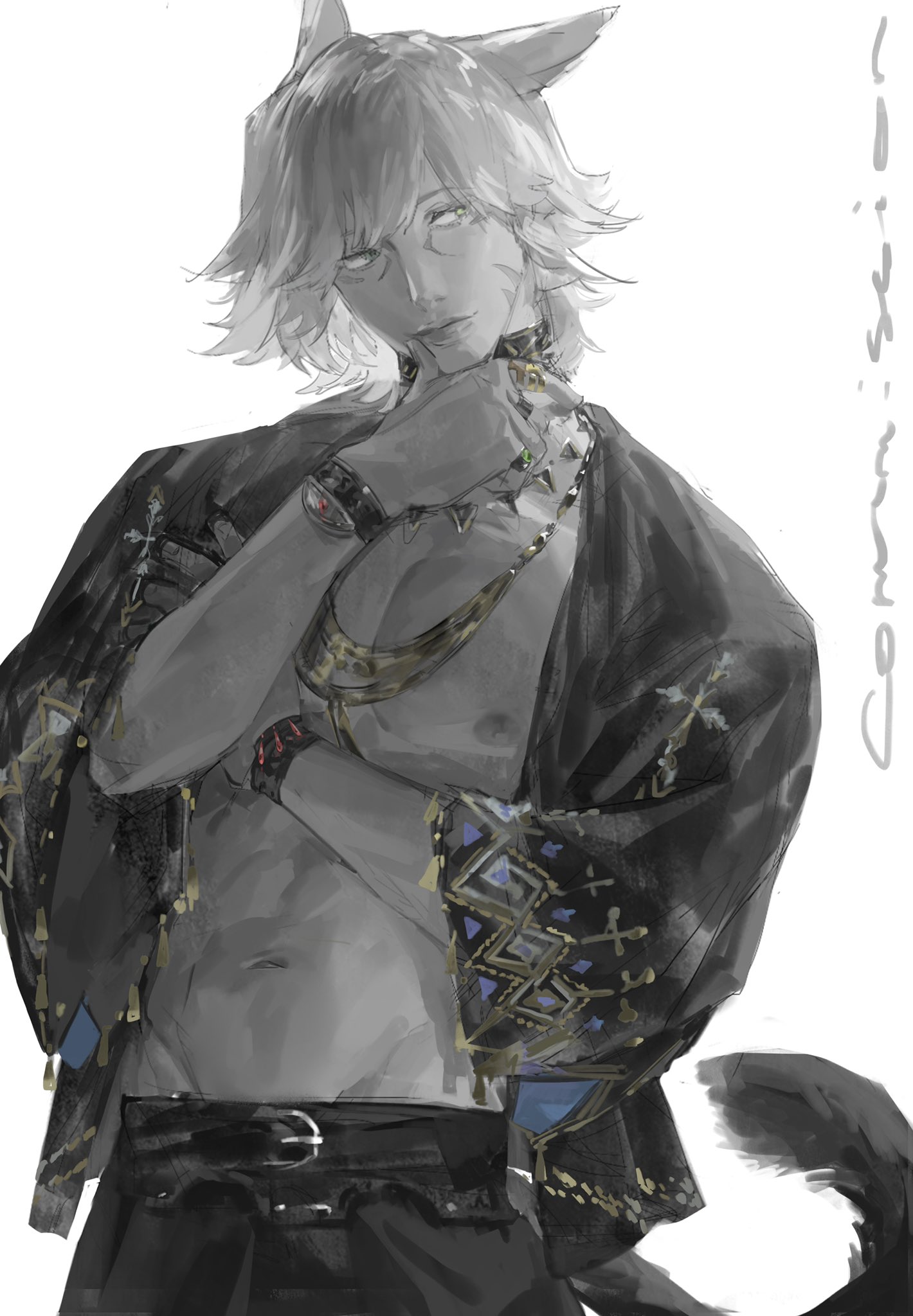 a digital illustration of an anime character with cat ears, black hair and white fur. the character has a black jacket that has gold and blue embroidery on it. the character is smirking and  posing with his hand holding the jacket, the character's left hand is holding a bracelet. the character has a gold necklace on with a green gemstone in the center. the character is wearing a belt and black pants. the background is white.