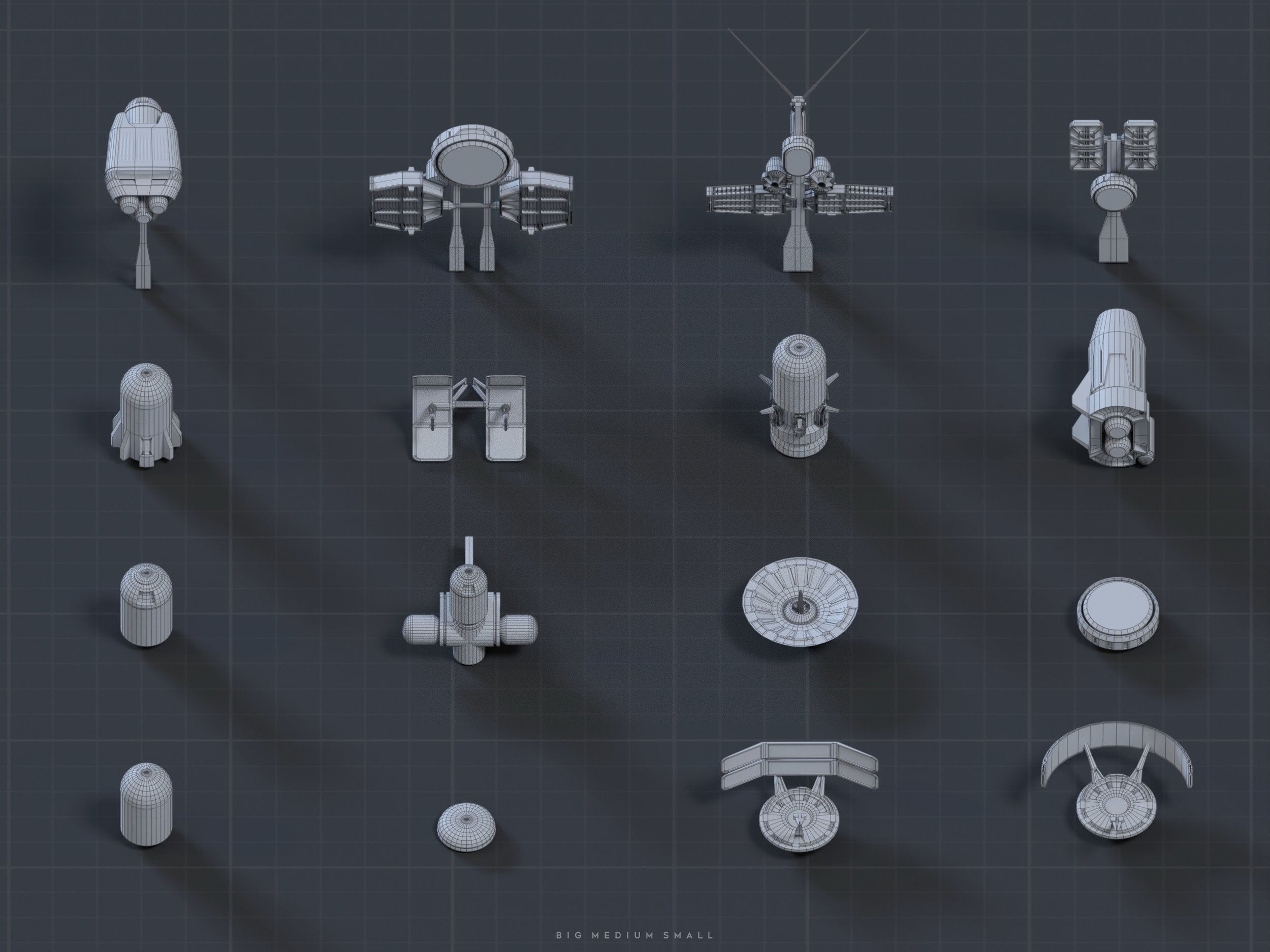the image shows a collection of 16 different 3d wireframe models of various spaceship components.  they range in size, depicted as "big, medium, small" at the bottom, and include items that resemble rockets, satellites, docking modules, and other spacerelated technology. the models are displayed on a dark grey grid background, giving a technical, blueprintlike aesthetic.  each model is presented in an isometric view from directly above.