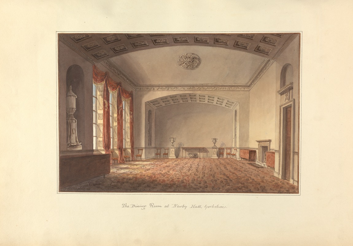 the image is a watercolor painting of the dining room at newby hall in yorkshire. it showcases a periodstyle interior with classical architecture and ornate details. the room features high ceilings with coffered designs and a central rosette. large windows are draped with red curtains, and a fireplace is visible on the right side. period furniture is sparsely arranged, including chairs and decorative pieces. the room is covered in a patterned carpet, and the overall aesthetic is one of historical elegance and grandeur.
