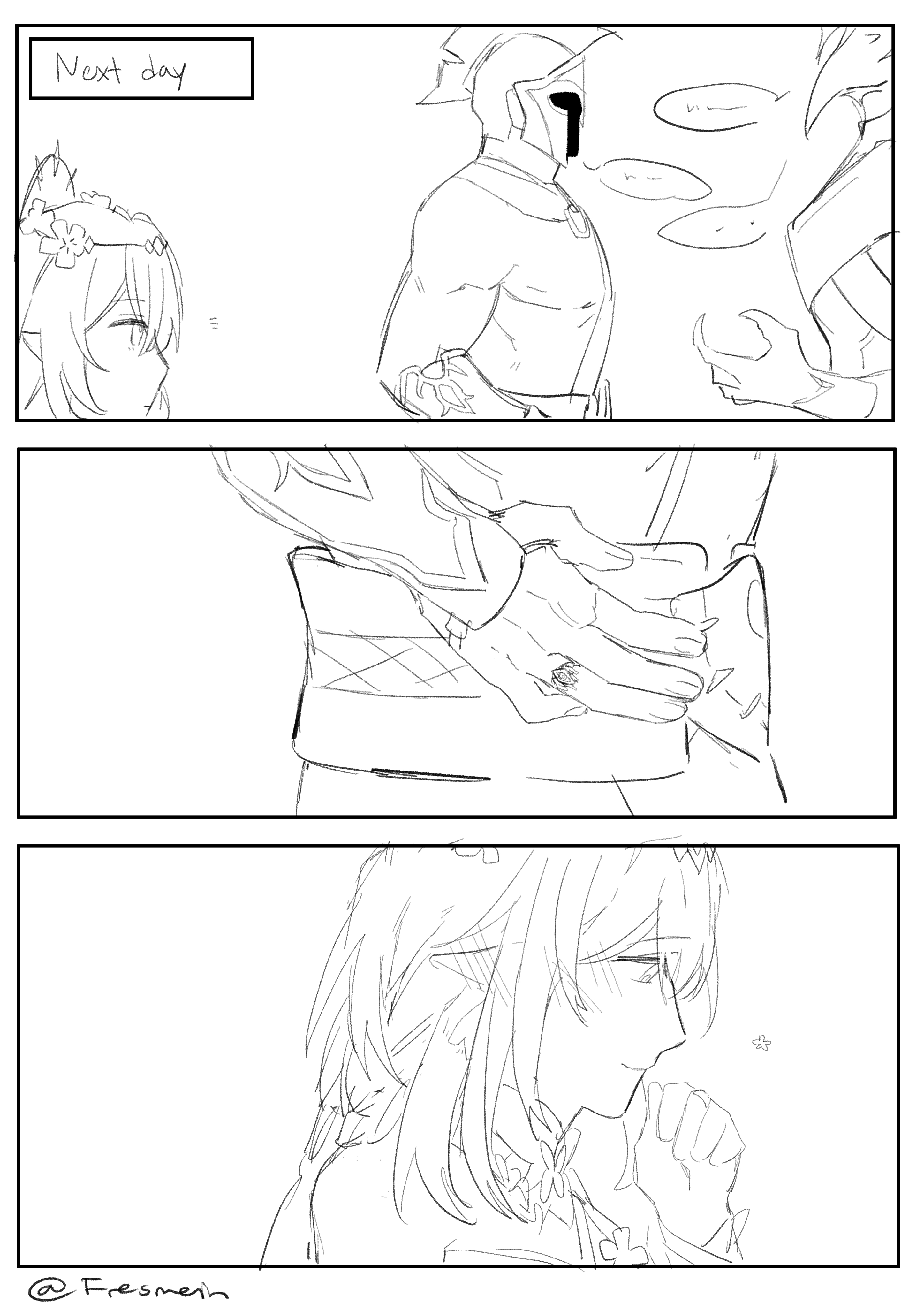 the image is a threepanel comic depicting nahida and dehya from genshin impact. in the first panel, labeled "next day," nahida looks at dehya who has speech bubbles floating near her face. the second panel focuses on dehya's hands, showing a ring on her finger. the third panel shows nahida looking down and blushing with sparkling details. the comic depicts a proposal and engagement between the two characters.