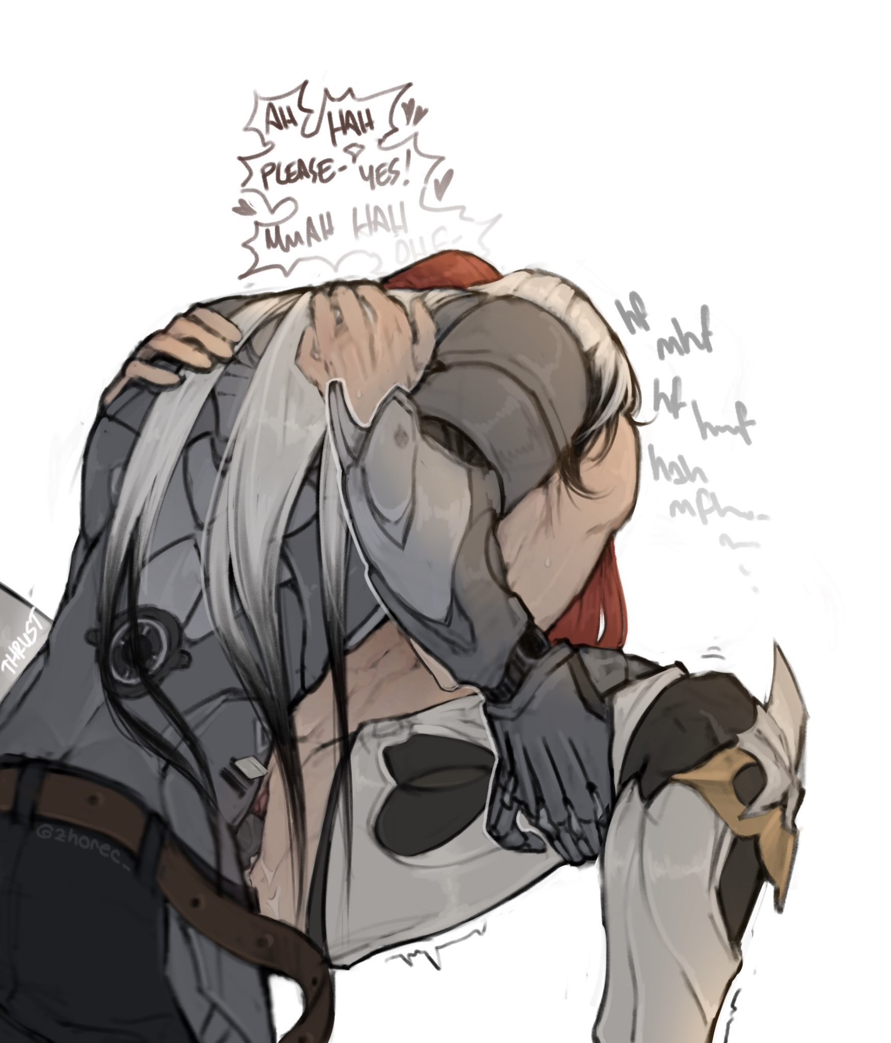 he image is a digital fanart depicting a tender and passionate hug between two male characters.  one character has long white hair and is being embraced tightly by the other character who has red hair peeking out from under a grey, armored helmet. the characters appear to be from a fantasy or scifi setting, based on the clothing and armor details. the style is expressive and somewhat cartoonish, with speech bubbles conveying the characters' emotions, which seem to be a mix of joy, affection, and perhaps a little playful teasing. the artwork is rendered in grayscale with shading to create volume and depth. the background is plain white, allowing the characters and their interaction to take center stage.