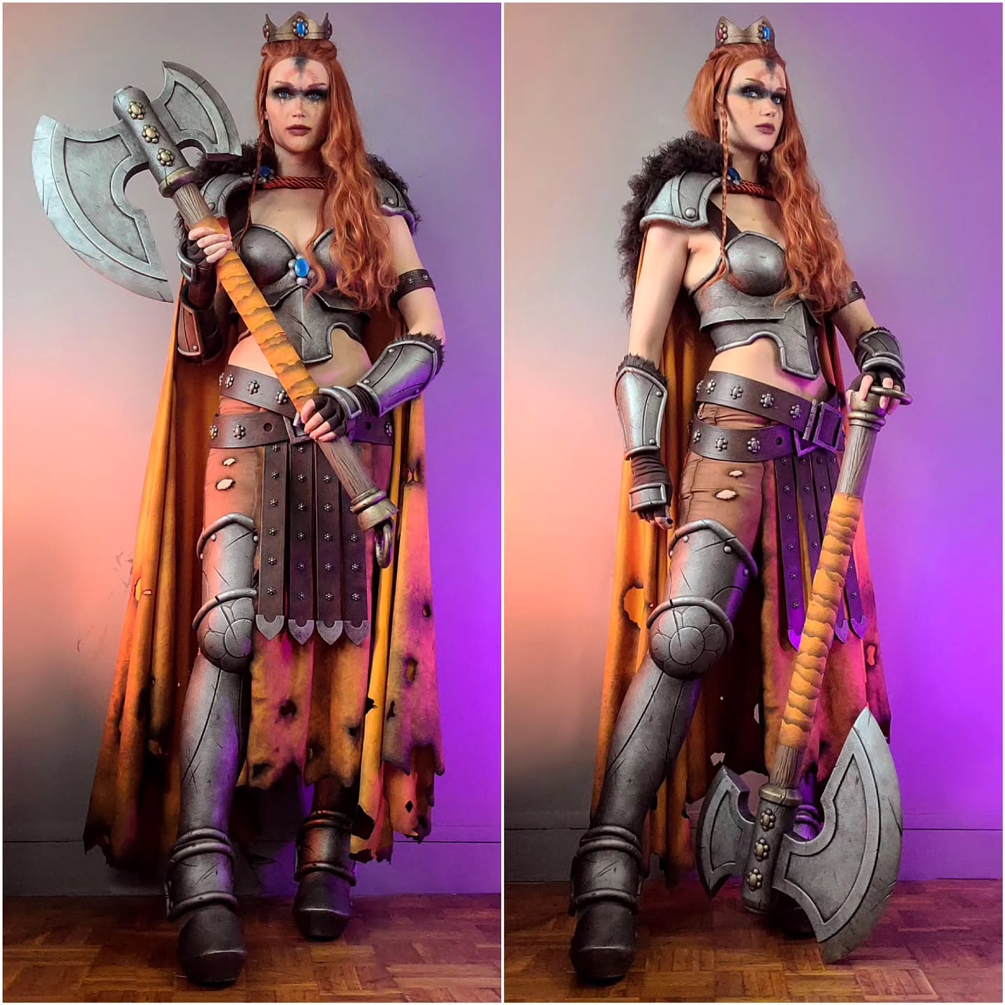 a stunning fullbody cosplay photograph showcases a female warrior queen.  the image is split into two, displaying two slightly different poses of the same cosplayer. she's adorned in meticulously crafted metallic grey armor, an orange cape with distressed edges, and a crown. the centerpiece is a large, realistically designed battle axe held confidently in her hands. her fiery red hair and intense makeup complete the fierce and powerful look. the background is a gradient of purple and orange lighting creating a dramatic effect. the overall impression is one of highquality craftsmanship and impressive attention to detail in the costume design and photography.
