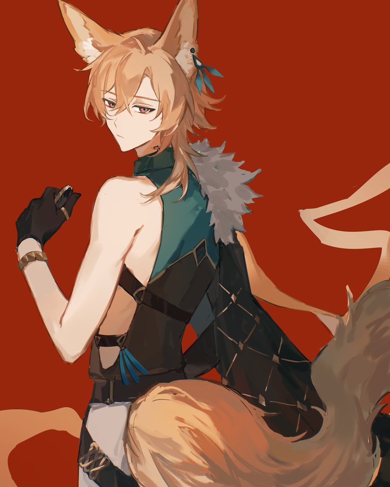 a digital painting of an anime character with fox ears and a tail.  the character is wearing a black top with a blue strap hanging down, and a green top underneath, they also have brown gloves on.  the character is looking at the viewer,  with a sharp stare and has a slight smile.  the background is a solid red.