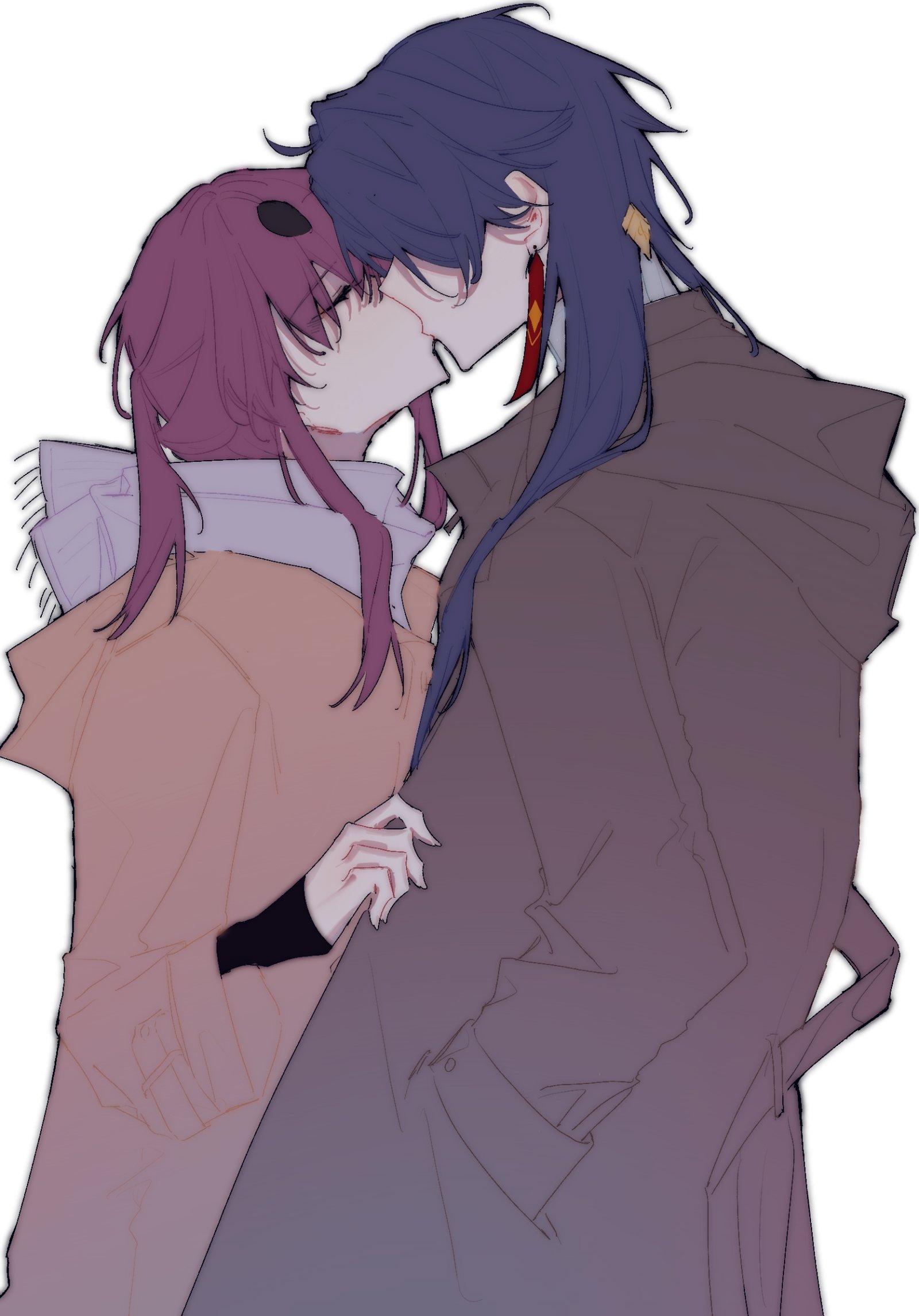 this is a digital art piece featuring a couple in an anime style. the girl has pink hair and is wearing a light
