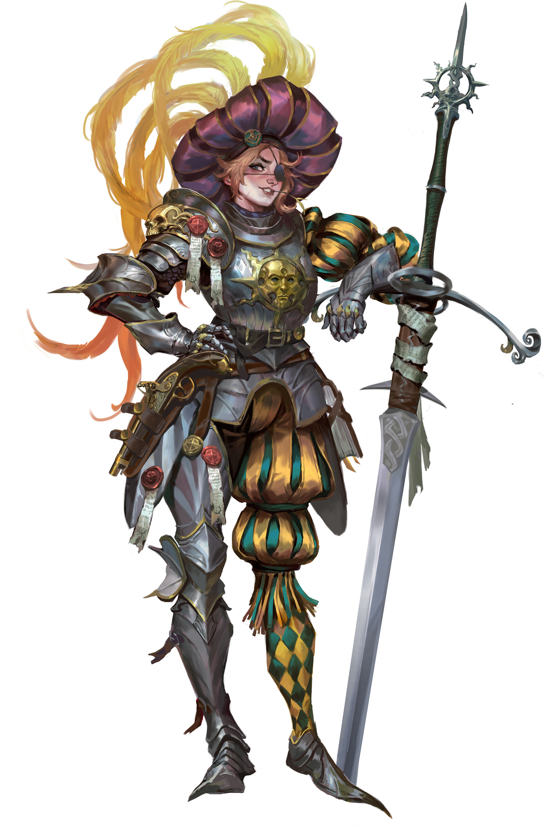 the image is a digital painting of a female knight in fantasy armor.  she is striking a confident pose, leaning against a large sword. her armor is dark gray and silver, detailed with ornate embellishments.  she wears a flamboyant, large hat with a bright yellow plume and a colorful, almost jesterlike, outfit under the armor. her clothing incorporates green and gold patterns and harlequinstyle diamond patterned hose.  the background is white, making the character stand out clearly.  she carries a pistol on her hip and has a sunshaped emblem on her chest piece. the style is reminiscent of fantasy game art or book illustrations.