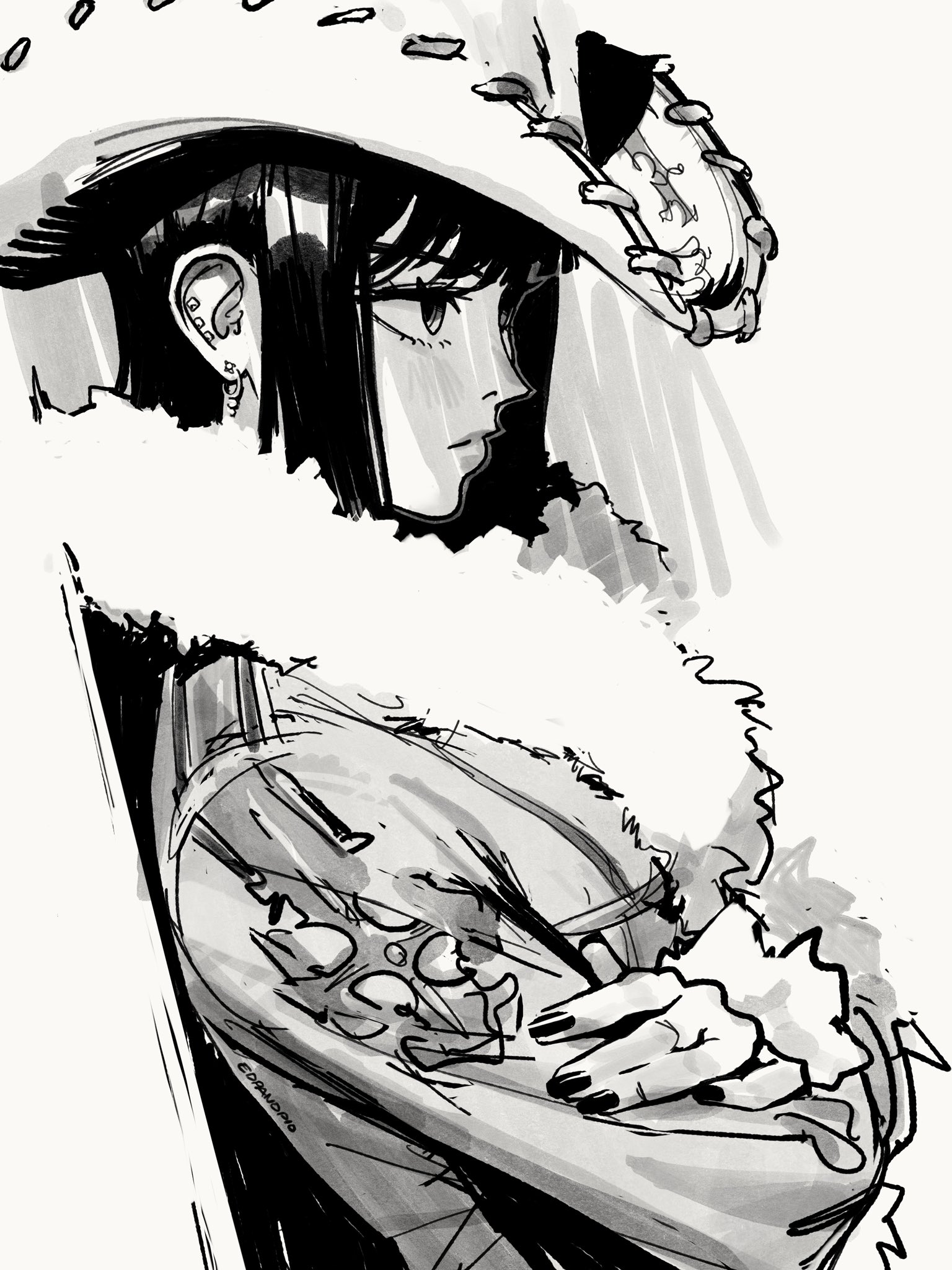 the image is a black and white artistic drawing or sketch, possibly fanart, depicting a young woman or girl. she is shown from the chest up, in a threequarter profile view.  she wears a large, widebrimmed hat that is somewhat tattered or worn, decorated with what appears to be skeletal or crossbonelike details.  the hat is part of a larger hooded garment with a fur collar.  her expression is serious and pensive.  she has long dark hair that falls around her face. part of the image shows the woman's arm and hand, displaying tattoos on her forearm. the overall style is dark, stylized and expressive, reminiscent of manga or anime, but with a more painterly approach to shading and line work. the drawing seems to convey a sense of mystery and gothic flair.
