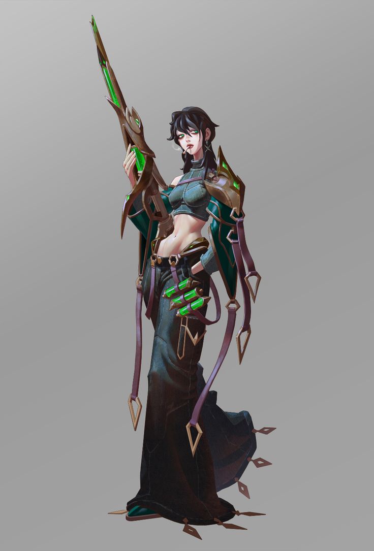 the image is a digital painting of a female character. she is standing and holding a futuristic rifle. she has long black hair, is wearing a dark teal jacket over a crop top and jeans, and has a somewhat mysterious look on her face. the overall style is a mix of fantasy and scifi.