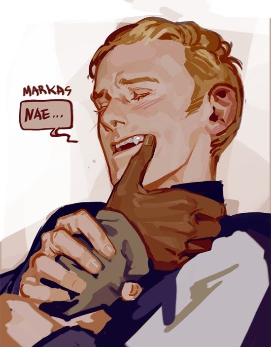 a closeup, digital drawing of a man with blond hair blushing as another man's hand holds his chin. they are both looking at each other with a look of affection. the image is drawn in a vibrant and stylized anime style.