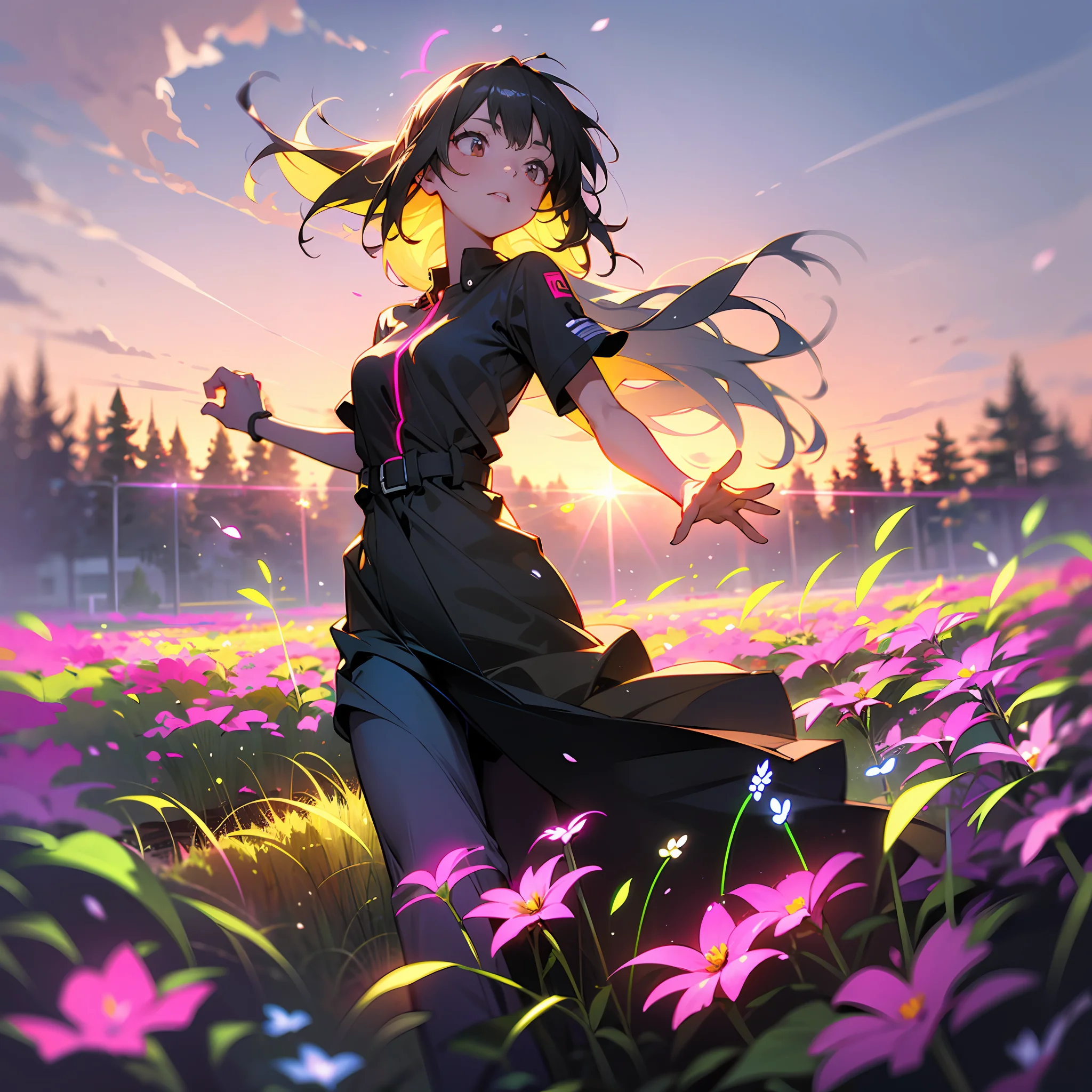 an anime girl in a black dress is standing in a field of pink flowers. the sun is setting in the background and the sky is a mix of orange, pink, and purple. the girl has long black hair and brown eyes. she is wearing a black dress with pink accents. she is looking over her shoulder at the viewer. the image has a warm, inviting feeling.