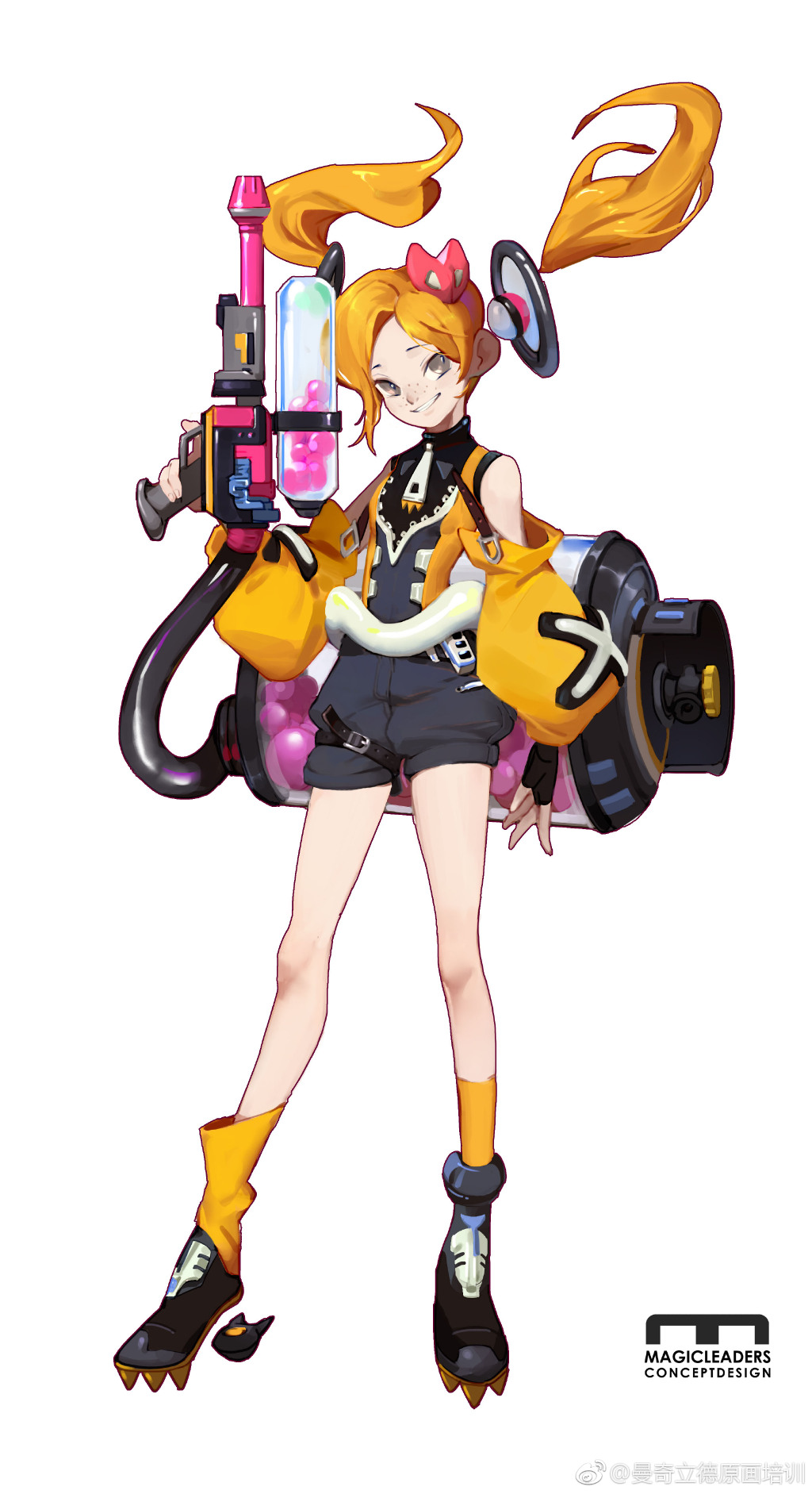 this digital illustration depicts a young anime girl with yellow hair. she is holding a futuristic, pink and yellow gun with a black hose. she is wearing yellow and black clothes and boots. the background is white.