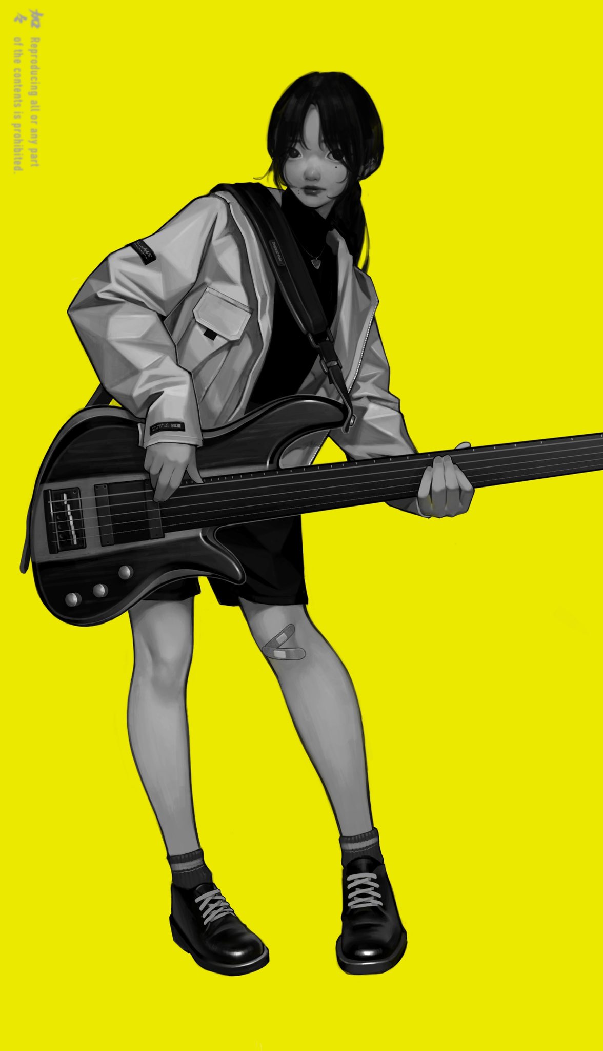 the image is a digital illustration of a young woman playing a bass guitar. she is depicted in a monochrome style, with the only color being a vibrant yellow background. her clothing is stylish and casual, featuring a lightcolored jacket and dark shoes. the girl's expression is serious and focused, and her pose is confident and relaxed. the overall style is reminiscent of anime or manga.