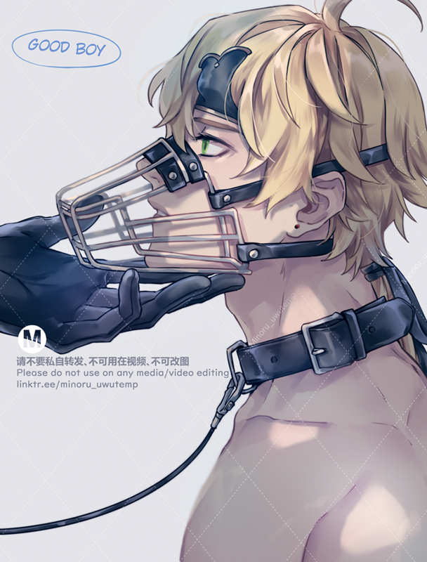 a drawing of an anime boy with blonde hair and green eyes. he is wearing a black leather collar and a muzzle. he is being led by a leash. the text on the image says "good boy".