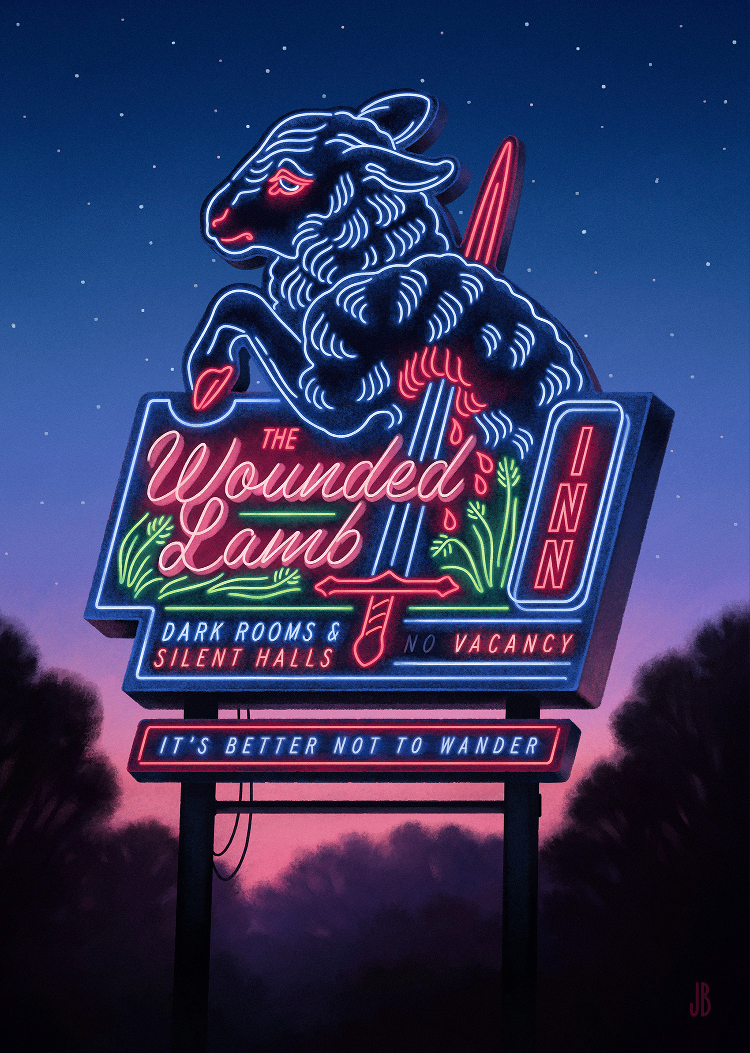 the image showcases a vibrant neon sign for "the wounded lamb inn." the sign features a stylized illustration of a wounded lamb impaled by a sword, dripping blood.  the text on the sign includes "dark rooms & silent halls," "no vacancy," and ominously, "it's better not to wander." the setting is a nighttime scene with a dusky pink and purple sky, and silhouetted trees.  the overall style is retro, with a slightly eerie and mysterious feel suggestive of a horror or thriller theme. the artwork style is digital painting, creating a realistic neon effect.