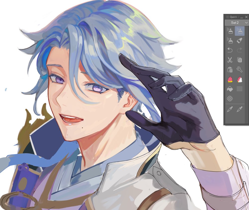 a digital art illustration of a young anime boy with blue hair and purple eyes. he is smiling and looking at the viewer. he is wearing a white shirt and has one hand raised, wearing a black glove. the artwork is a headshot and is very detailed. the image also includes a screenshot of a digital art tool palette.