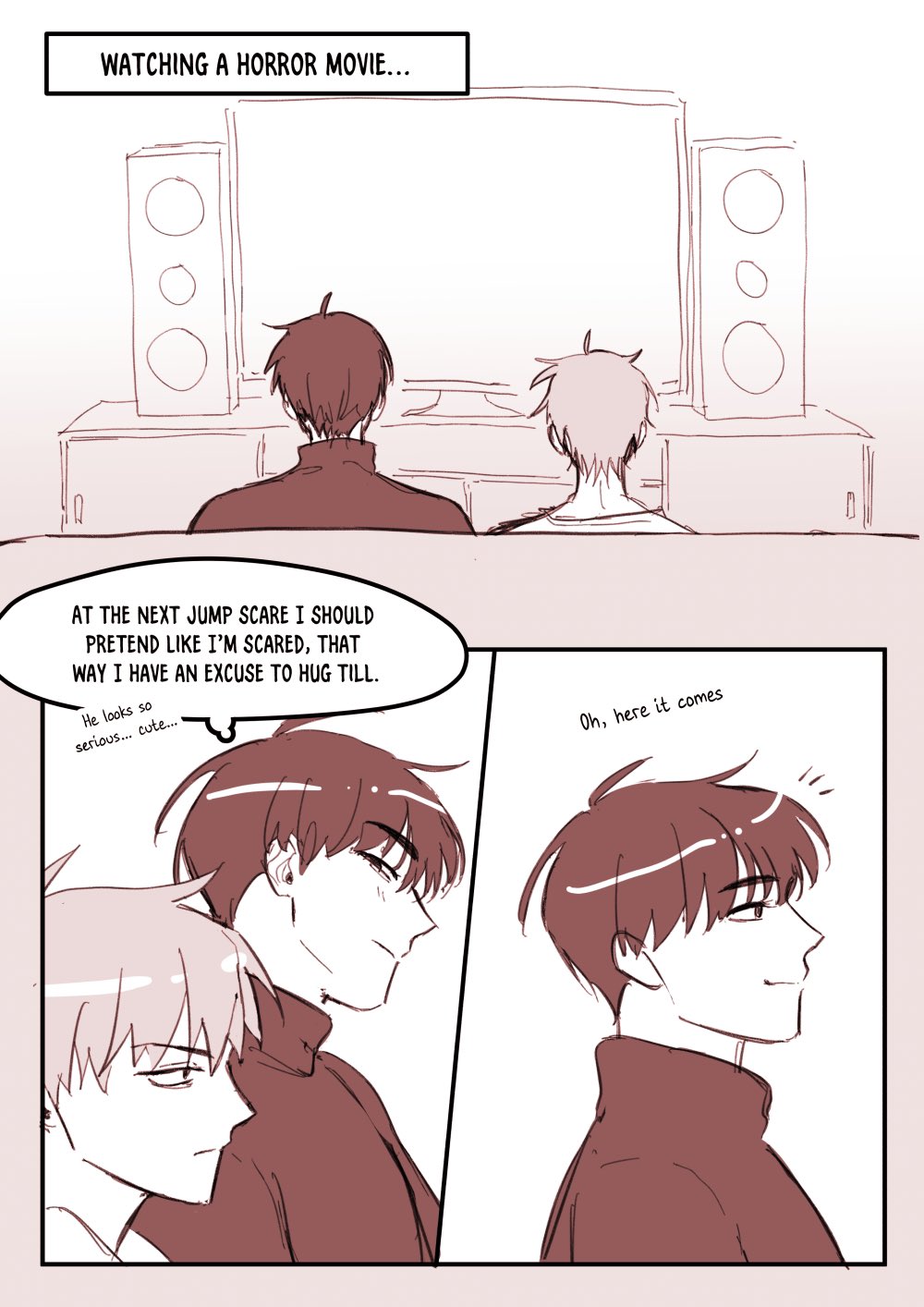 the image shows two anime boys watching a horror movie. the boy on the left is thinking about pretending to be scared so he can hug the boy on the right. the boy on the right is blushing and looking at the screen. the image is full of love and romance.