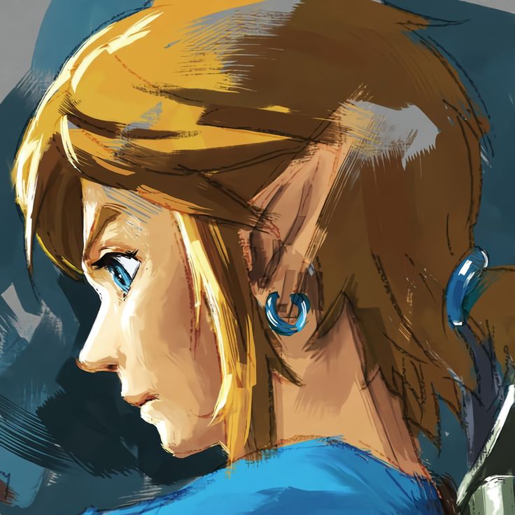 the image is a stylized portrait painting of link, the protagonist from the legend of zelda video game series. the image only shows his head and a sliver of his shoulder in profile view. he has sharp features and pointed ears, indicating his hylian heritage. he has short blonde hair partially tied back with a blue hair tie and wears a blue tunic. the painting style is loose and expressive, with visible brushstrokes. the lighting is primarily from the side, highlighting the contours of his face.