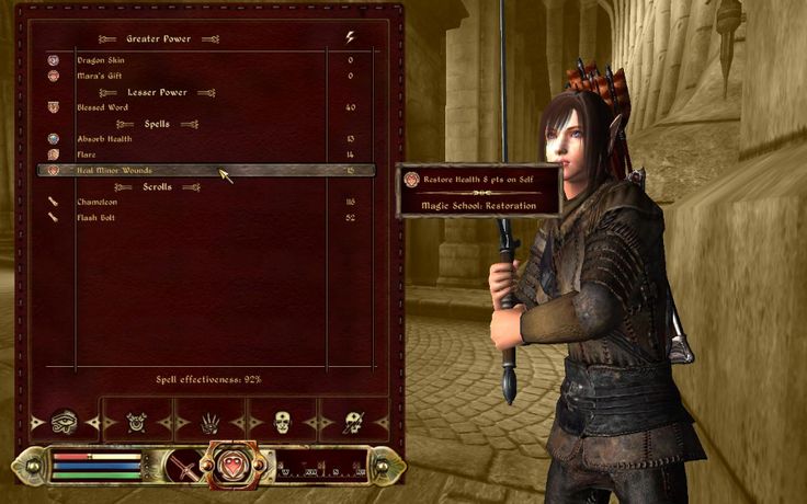 a screenshot from a fantasy roleplaying game, showcasing a player character. the character is a darkhaired elf, standing in a dungeonlike environment, holding a sword.  an interface window displaying inventory items is in the upper left corner,  and a small message in the upper right indicates that the player character has used a magic potion for health restoration.