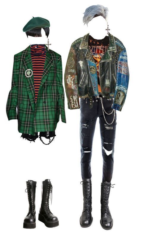 two young people dressed in punk fashion. the male is wearing a black leather jacket with studs and chains, a band tshirt, ripped black jeans, and combat boots. he has his hair styled in a light blue and silver look. the female is wearing a green plaid blazer, ripped jeans, a beret, and combat boots.