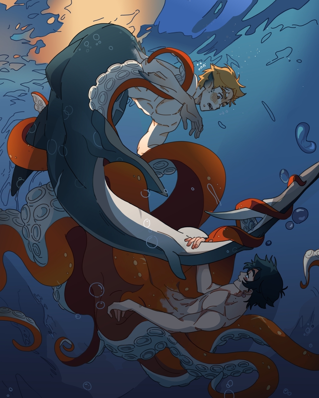 the illustration depicts a scene underwater. two mermen are entangled. one merman, with blond hair, has a dolphinlike tail and is partially wrapped by a large orange octopus. the other merman, with dark hair, appears to be caught in the octopus's tentacles, his body resting against the dolphintailed merman's body. the overall scene suggests a mixture of struggle and embrace, with a blend of dark and lighter blues setting the underwater tone.  the style is reminiscent of fantasy art, using a painterly digital approach. the expressions of the mermen suggest an intense interaction.