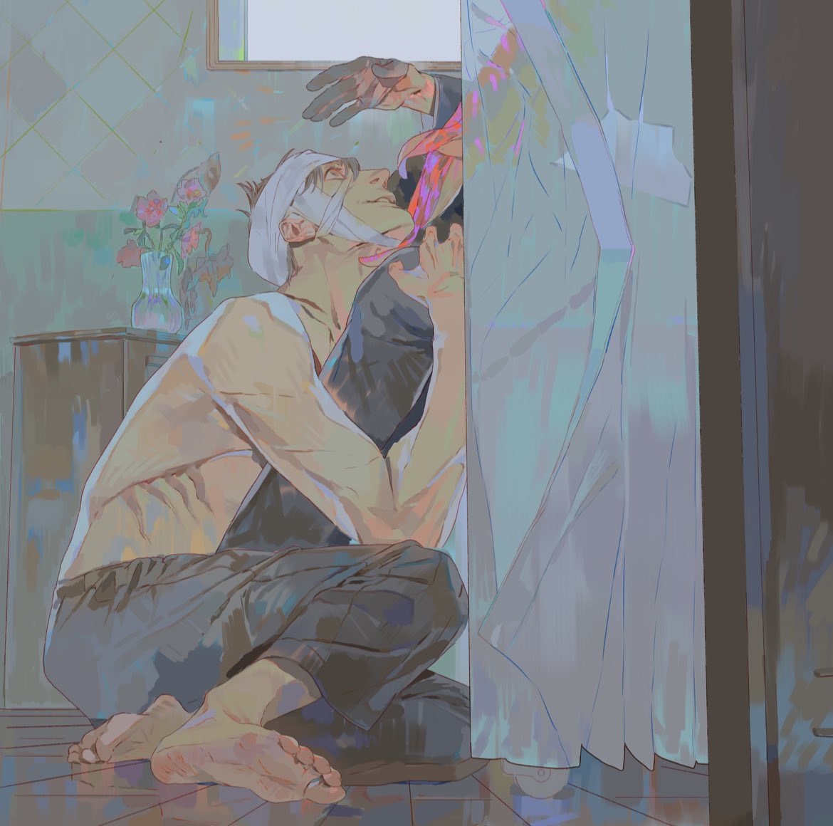 an illustration depicts a man kneeling on the floor in a room, with a bandage around his head and a bare chest. he is wearing dark pants and has bare feet. next to him is a curtain and what appears to be a figure in a suit with a hand reaching down. in the background, there is a window, a vase with flowers, and another dark object. the overall tone is somewhat somber and ambiguous.