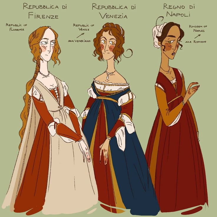 the image shows a cartoon illustration of three historical figures, each representing a different italian state: repubblica di firenze (republic of florence), repubblica di venezia (republic of venice), and regno di napoli (kingdom of naples). each figure is dressed in the traditional attire of their respective region.