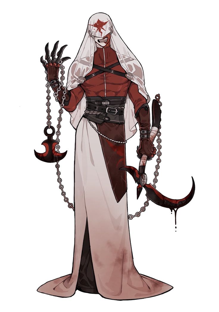 a male fantasy character in a long white robe with a blood red mask and a sinister smile. he is holding two weapons, one a chain attached to a curved blade that drips blood. the character is wearing red armor and leather straps and gloves.  they have a sinister expression on their face.
