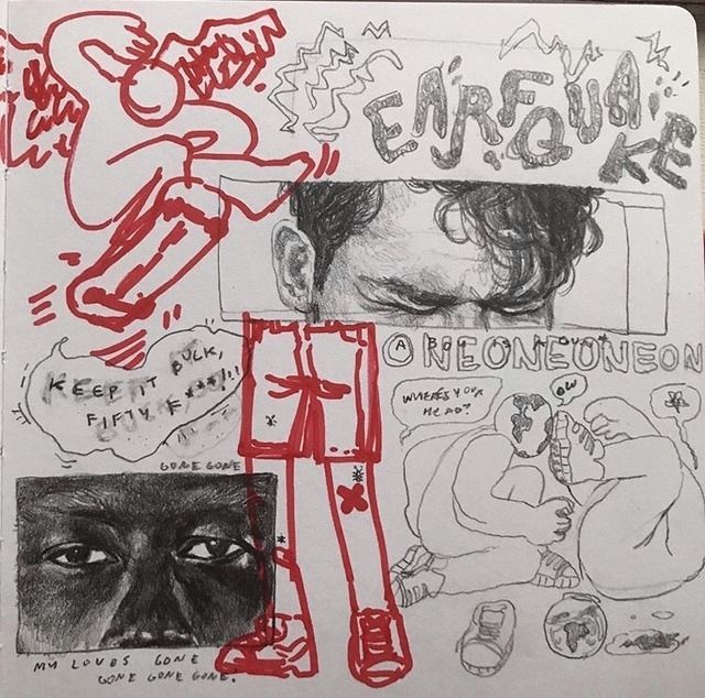 this is a sketchbook page with several doodles and drawings. the page is primarily filled with black and red drawings. there are doodles of a person with wings who appears to be flying, and a person whose legs are mostly visible, and there's a person with a globe covering their head. the page also has a couple of text doodles like "keep it buck" and "earfqua". the doodles have many details and appear to be made with a black pen or pencil.