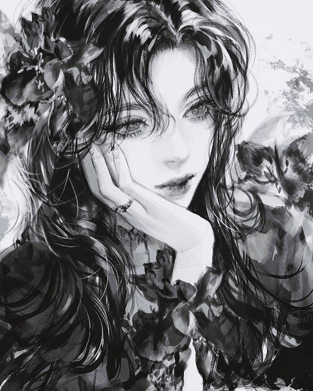 the image is a striking monochrome portrait of a young woman, possibly inspired by anime or manga styles.  she has long, dark hair that flows around her, partially obscuring her face.  floral elements are interwoven with her hair and clothing, adding to the romantic and ethereal mood. the woman's expression is pensive and slightly wistful, her hand gently resting on her cheek. the art style is highly detailed, with a focus on texture and shading to create depth and atmosphere. the overall feeling is one of elegance, mystery, and a touch of melancholy. the grayscale palette enhances the dramatic and artistic impact of the piece.