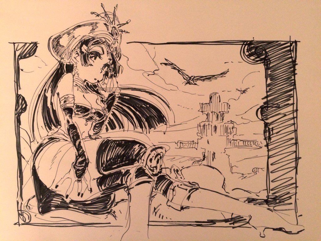the image is a black and white ink drawing of a woman with long flowing hair sitting down while looking pensively into the distance. she is wearing a large hat with a jeweled broach and a lowcut dress with long gloves. in the background, there is a castle and a bird flying overhead. the overall style of the drawing is reminiscent of classic fantasy illustrations.