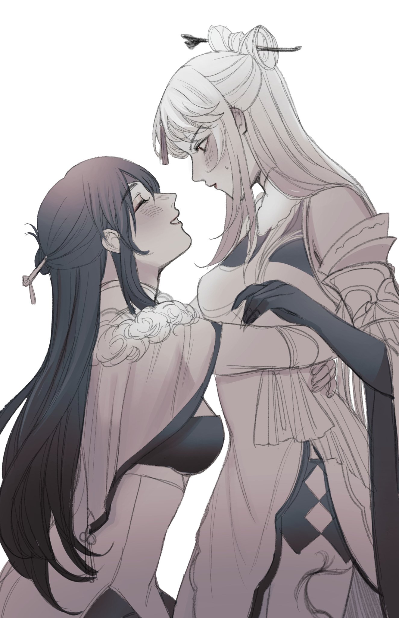 an illustration of two women, one with long white hair and one with long black hair. the women are dressed in beautiful and elegant clothing. they are embracing and looking at each other lovingly. the drawing is done in a soft, romantic style.
