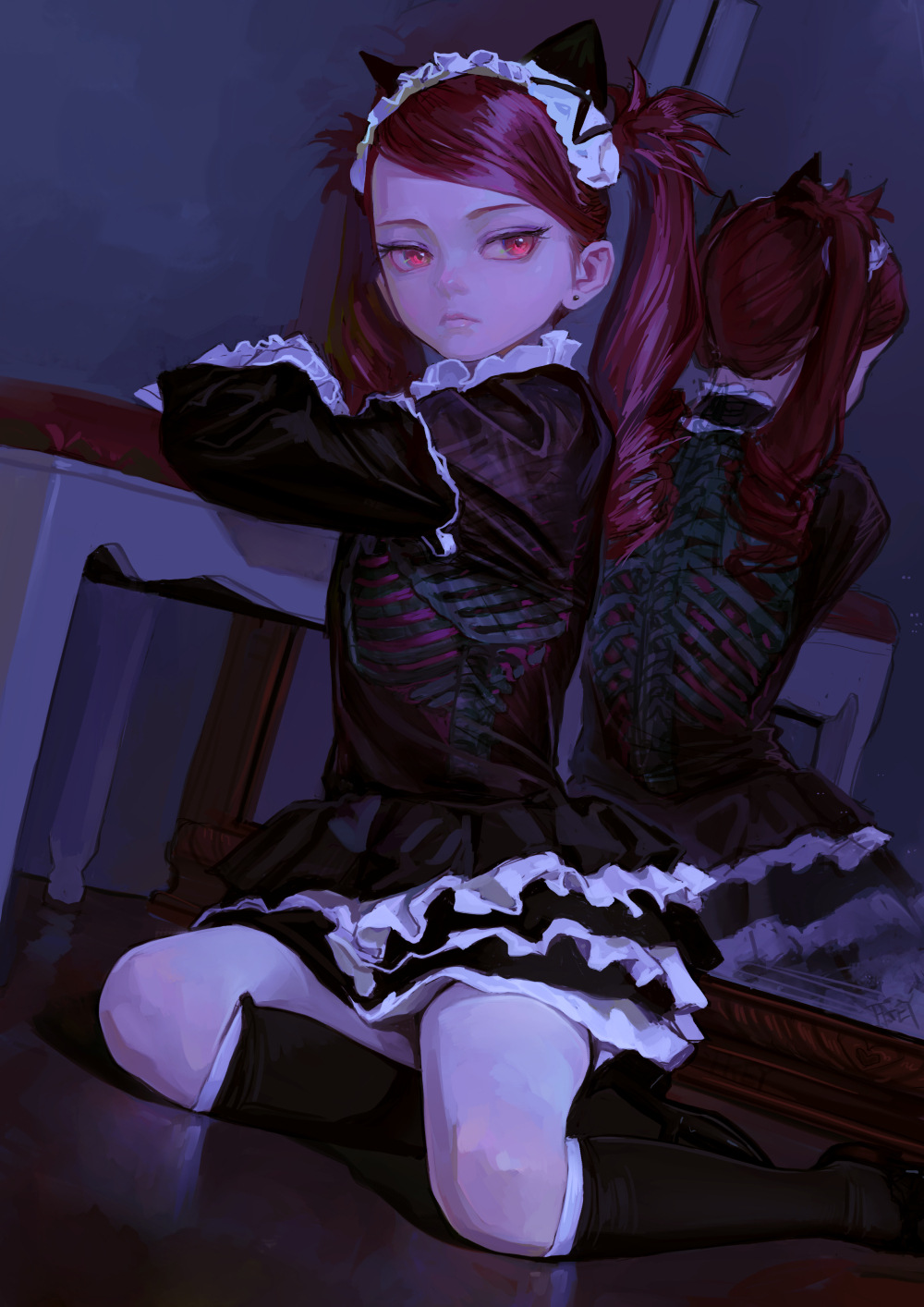 a gothic anime girl in a maid outfit with a skeleton design on the back is sitting near a mirror. she has red eyes, pale skin, and wears a cat ear headband with pigtails. the lighting is dark and moody.