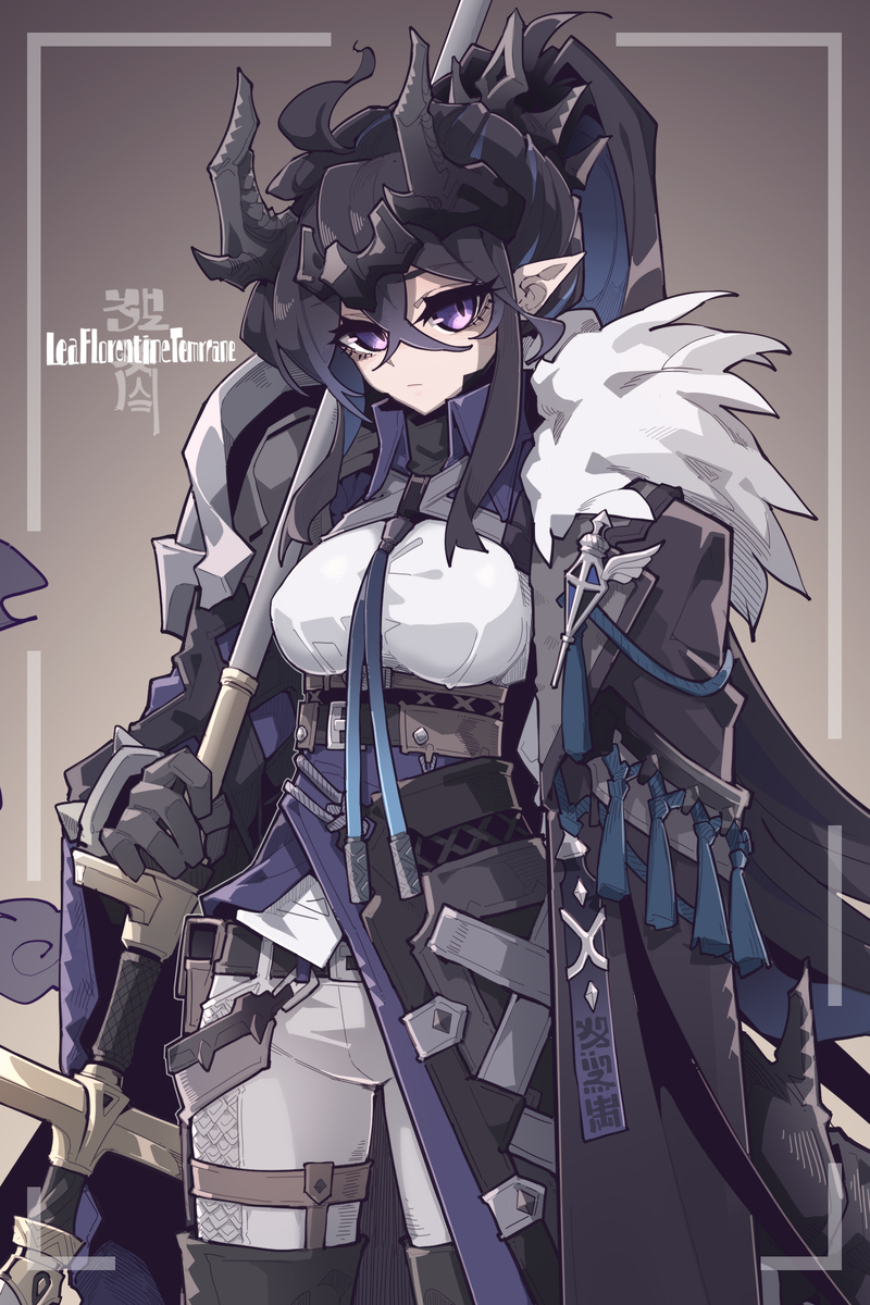 a fullbody animestyle illustration of a woman with long black hair, horns, and pointed ears, wearing fantasy armor and holding a sword. she has purple eyes and wears gloves, a cloak with tassels, and a belt with various pouches. her outfit features a white top, and she stands against a neutral background.