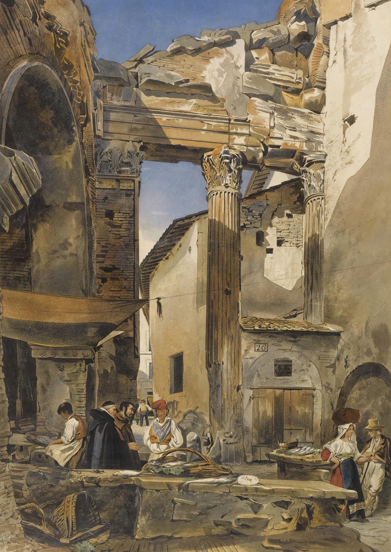 a watercolor painting depicts a bustling marketplace scene situated amidst ancient ruins. in the foreground, people are engaged in commerce, including traders, fishermen, and monks interacting. the scene is set against a backdrop of crumbling architectural structures, including classical columns, arches, and weathered buildings. the ruins provide a sense of historical depth and atmosphere to the market setting.