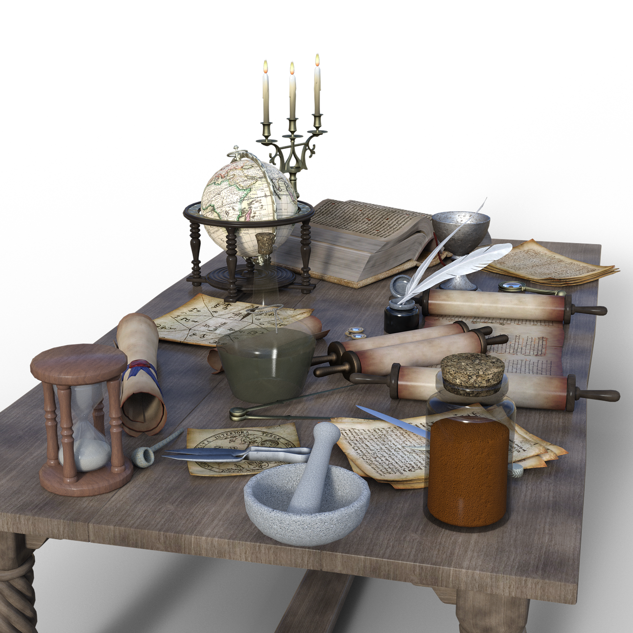 an alchemy or scholar's table is set with various tools and supplies. there is a globe, lit candles, an open book, rolled scrolls, scattered parchment, an hourglass, mortar and pestle, inkwell with a quill, a potion bottle, and various utensils on a wooden table. the setting is antique or vintage in style.