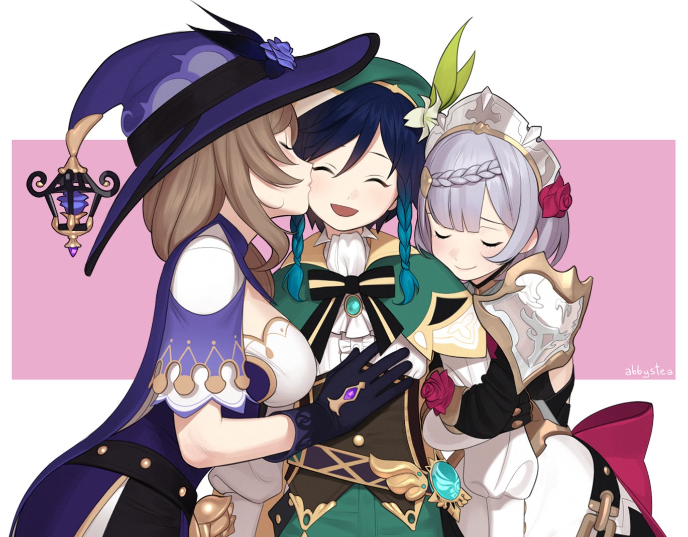 the image depicts a fanart of three female characters from the videogame genshin impact. lisa and noelle are shown kissing the cheeks of a blushing collei, who is positioned between them. all three characters are smiling and appear happy. the background is a solid pink color, and the lighting is soft, highlighting their hair and clothing.