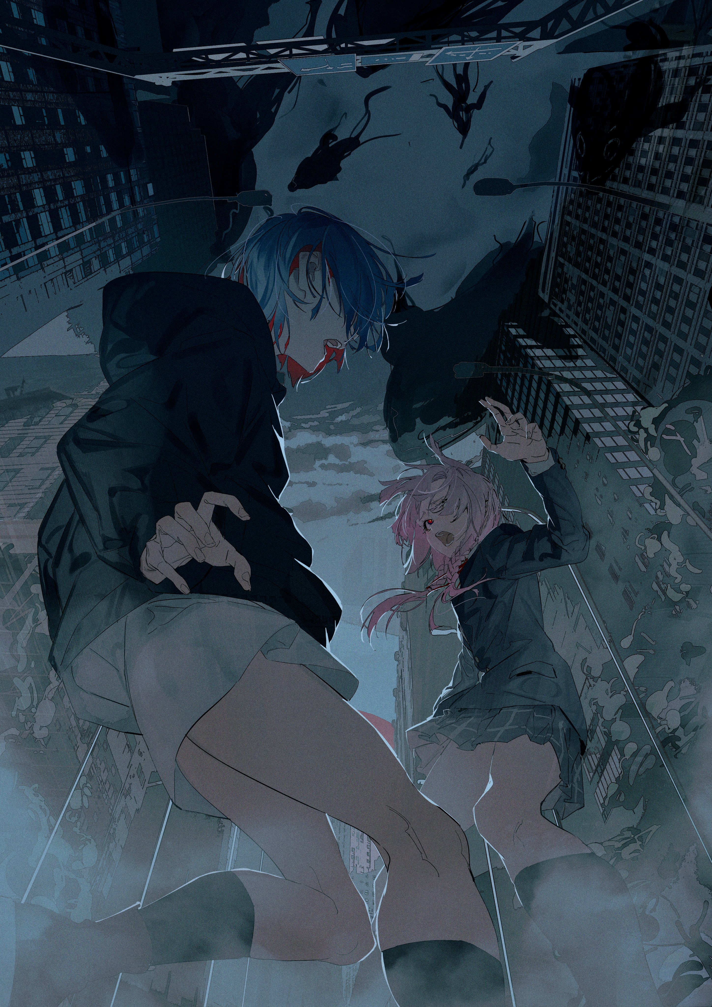the image is a digital illustration of two anime girls in a cyberpunk setting. one of the girls is wearing a black jacket and white shorts and has blue hair, the other girl is wearing a black dress and has pink hair. the girls are standing in a city street, looking at each other. there are tall buildings on both sides of the street, and the ground is covered in graffiti. the image is dark and moody, and the girls' expressions are serious. the image appears to have been drawn in the manga or comic art style.