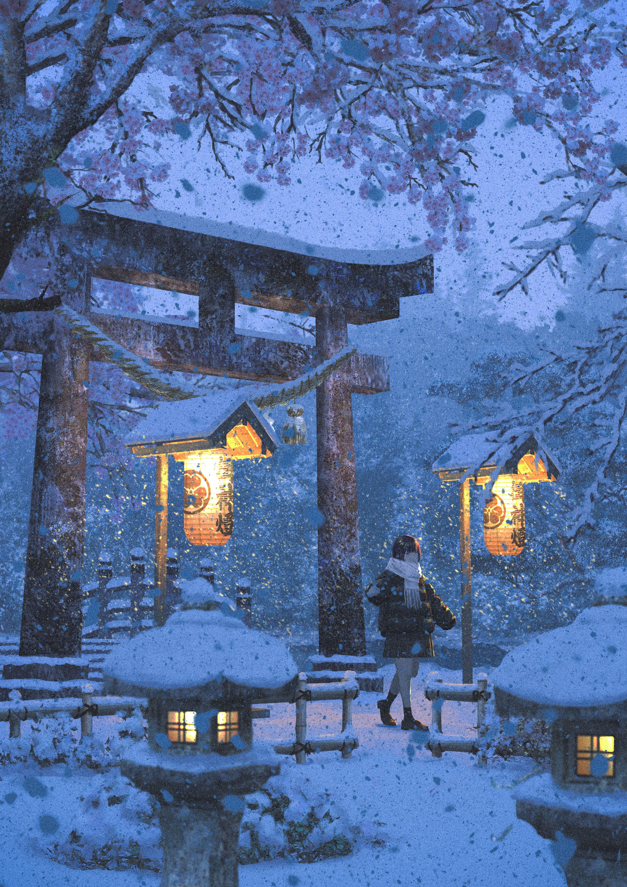 the image is set at night in the winter with snow falling. a young girl is walking on a snowcovered path toward a japanese temple gate adorned with glowing lanterns. the surrounding trees are covered in snow. the scene is illuminated by the lanterns and the moon. the overall tone of the image is serene and magical, with soft lighting and a palette of cool blues and purples.