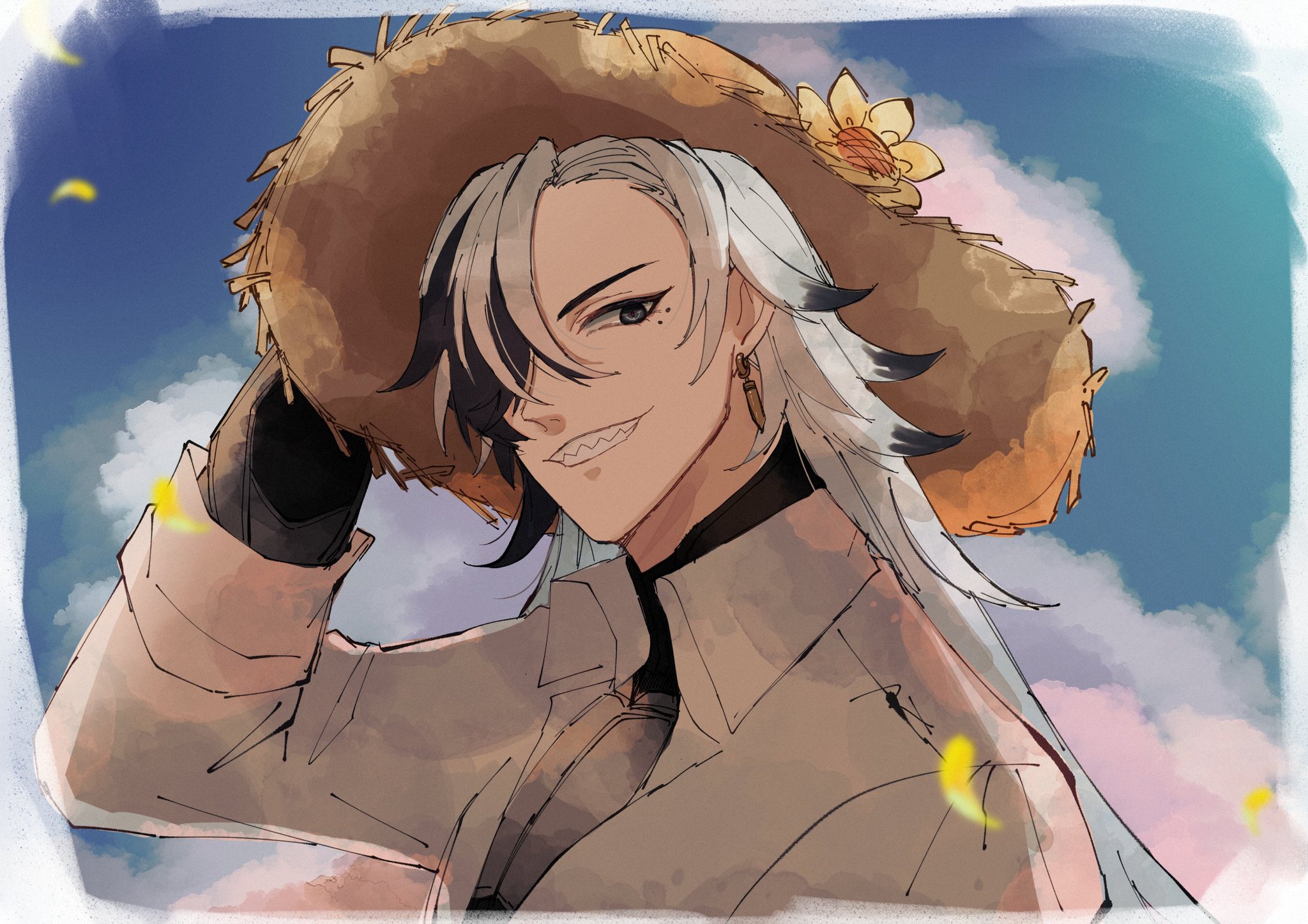 a digital illustration of a male anime character with white and black hair wearing a brown jacket and hat with a flower on top. he is smiling with a hint of mischief in his eyes. the background is a soft blue sky with clouds.  the illustration is in a soft, watercolor style.