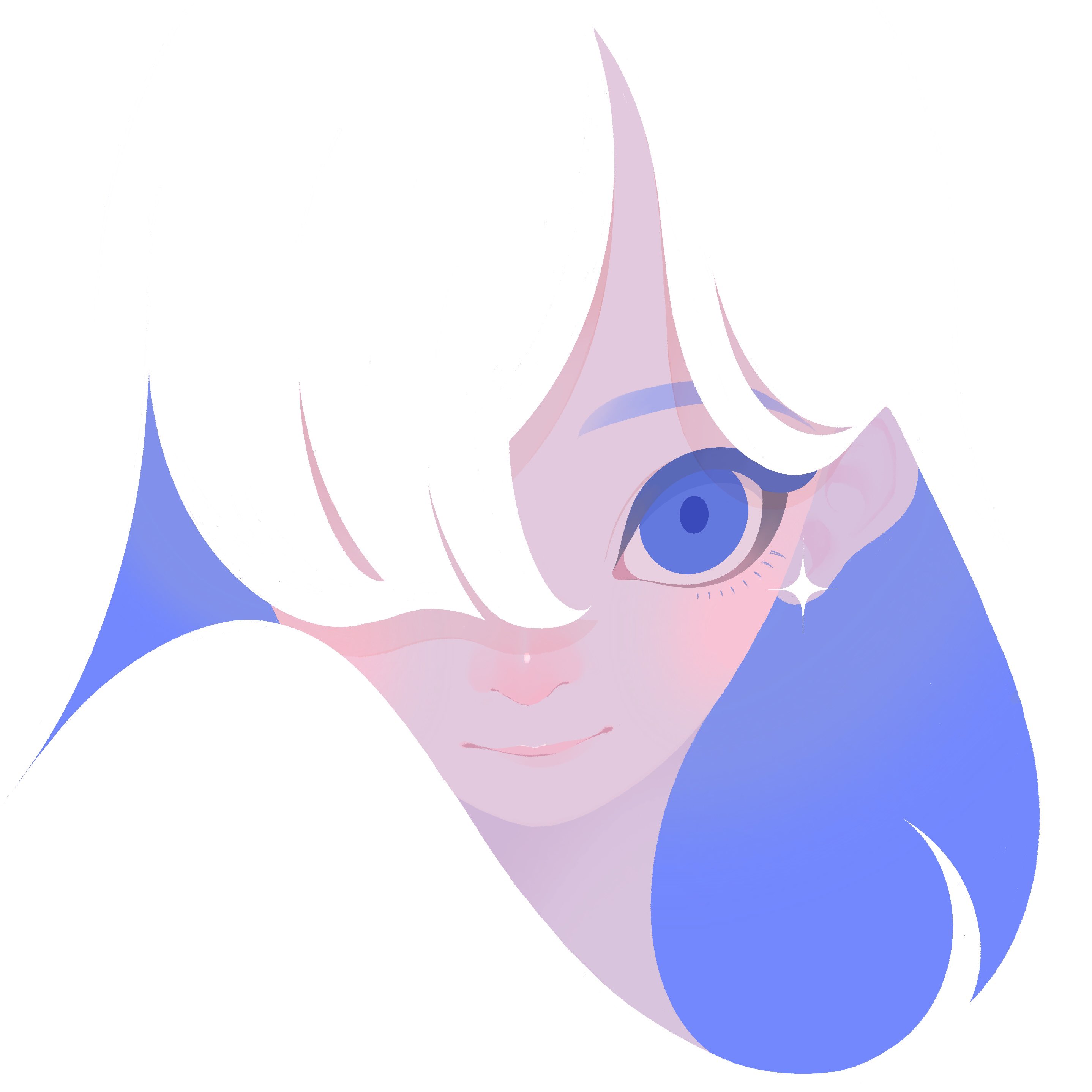 a closeup illustration of a young woman with long white hair and blue eyes. the girl is smiling softly and her hair is covering part of her face. she has a blue streak in her hair and is drawn in a cartoon style. the background is white.  the image gives a feeling of cuteness, whimsy, and magic.