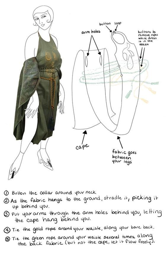 the image shows a sketch of a unique dress design, coupled with instructions on how to wear it. the design involves a cape and ropes that can be attached in a specific manner. the sketch highlights key features like the arm holes, button loop, and how the fabric should drape. the instructions provide a stepbystep guide to putting on the dress correctly.