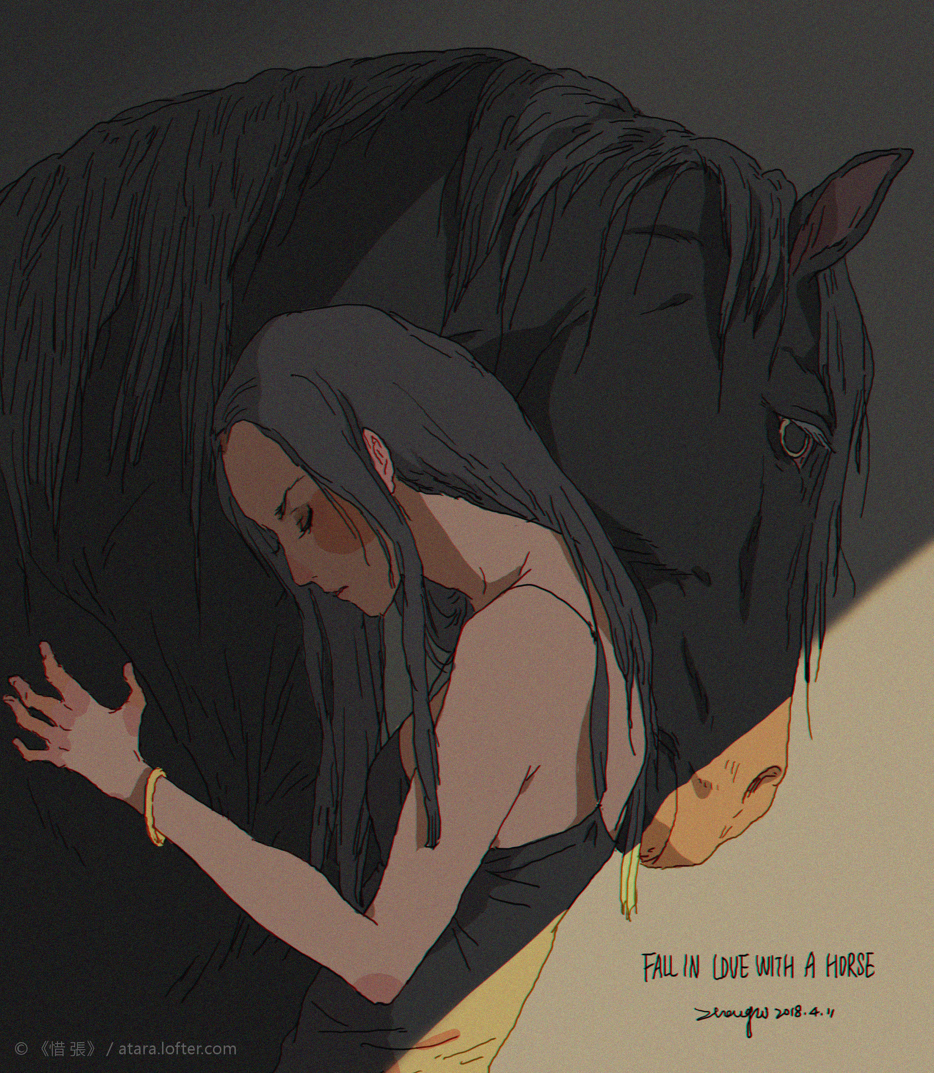 this digital illustration shows a black horse hugging a woman. she appears to be hugging the horse's head, while the horse's body is behind her.  she looks sad, and her head is rested on