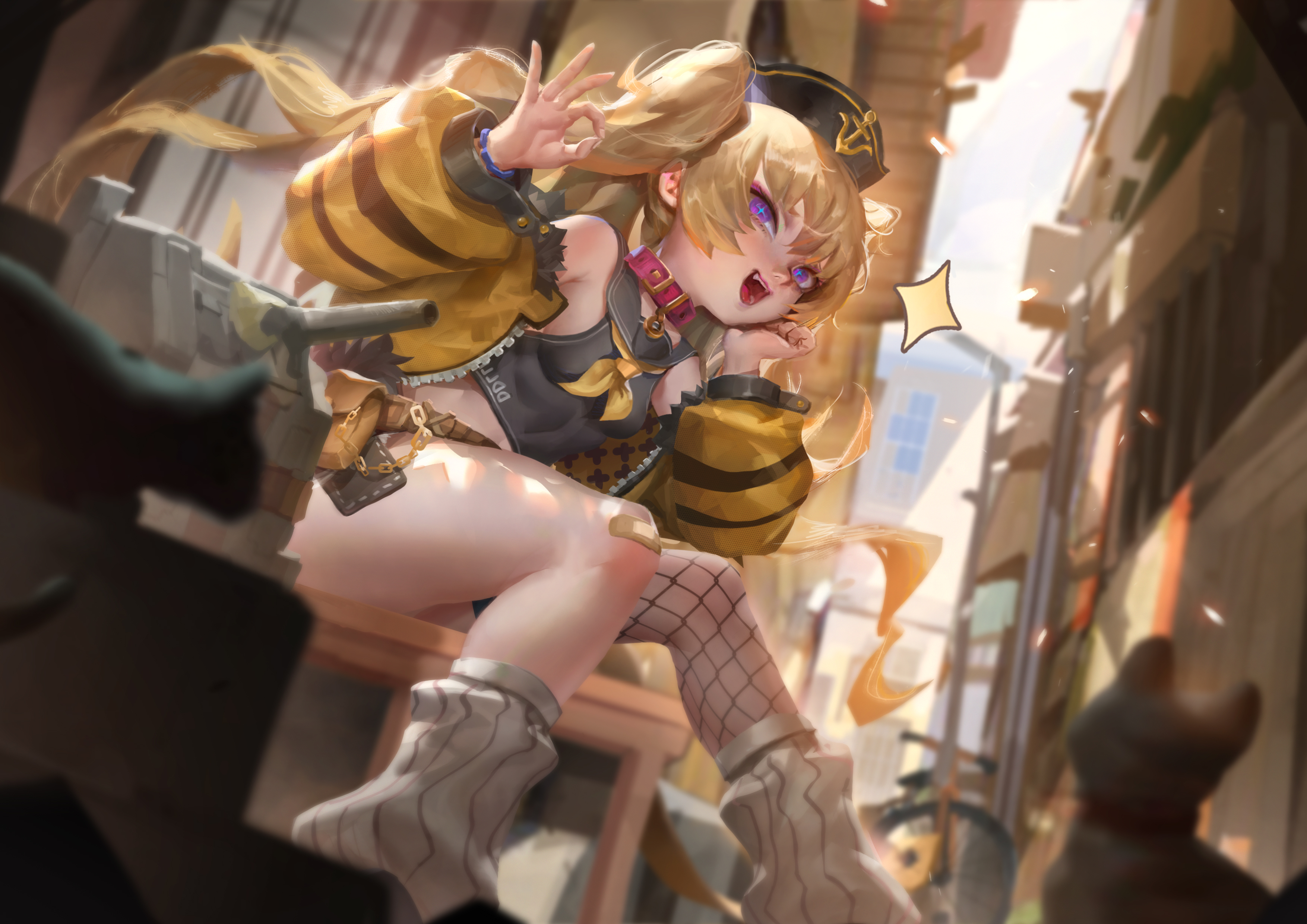 the image is a digital illustration of a cute anime girl with long blonde hair styled in pigtails. she's wearing a yellow and black striped jacket, a black top, fishnet stockings, and white socks with boots. she also has a militarystyle cap on her head.  she is making an "ok" gesture with one hand and has a playful expression.  she's sitting on something that looks like a piece of machinery or a weapon, possibly in a narrow city alleyway or street. the overall style is bright and colorful, with sunlight illuminating the scene. the background suggests an urban setting with buildings. the artwork is done in a vibrant and dynamic style, giving the impression of a energetic and playful character.