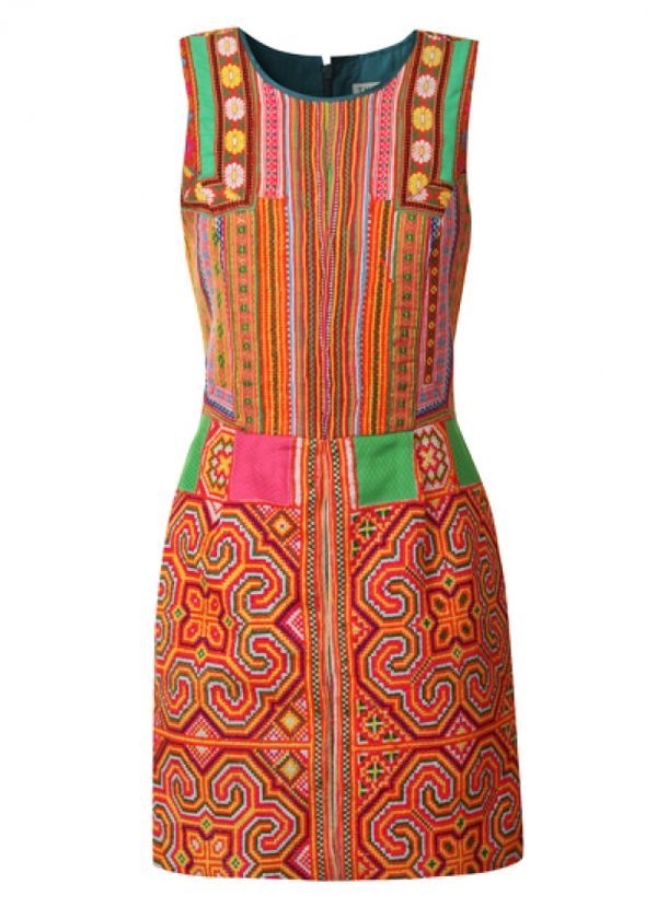 a sleeveless, colorful mini dress with intricate ethnic embroidery and vibrant patterns. the dress features a mix of orange, pink, and green colors, with vertical stripes on the upper part and geometric designs on the lower skirt.