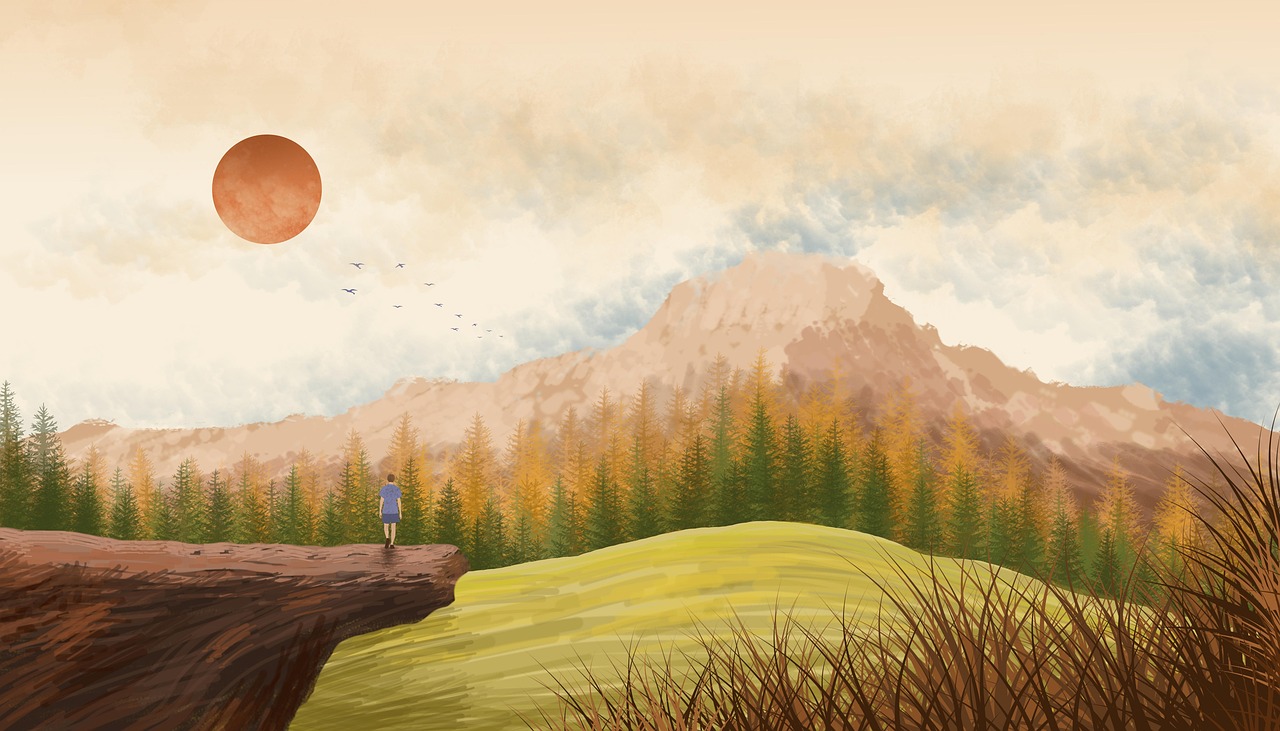 a painted landscape featuring a person standing on a cliff overlooking a forest, with a mountain in the background and a large sun in the sky. the scene includes trees, grass, clouds, and birds. the colors are mostly brown, green, yellow, orange, and blue.